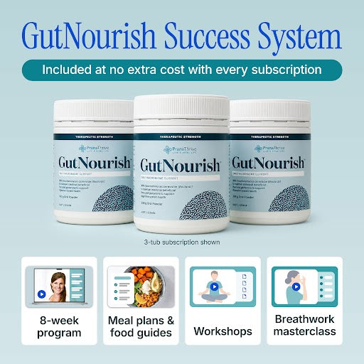 GutNourish Success System, included at no extra cost with every subscription: three GutNourish tubs (3-tub subscription shown), the 8-week program, meal plans and food guides, workshops and a breathwork masterclass