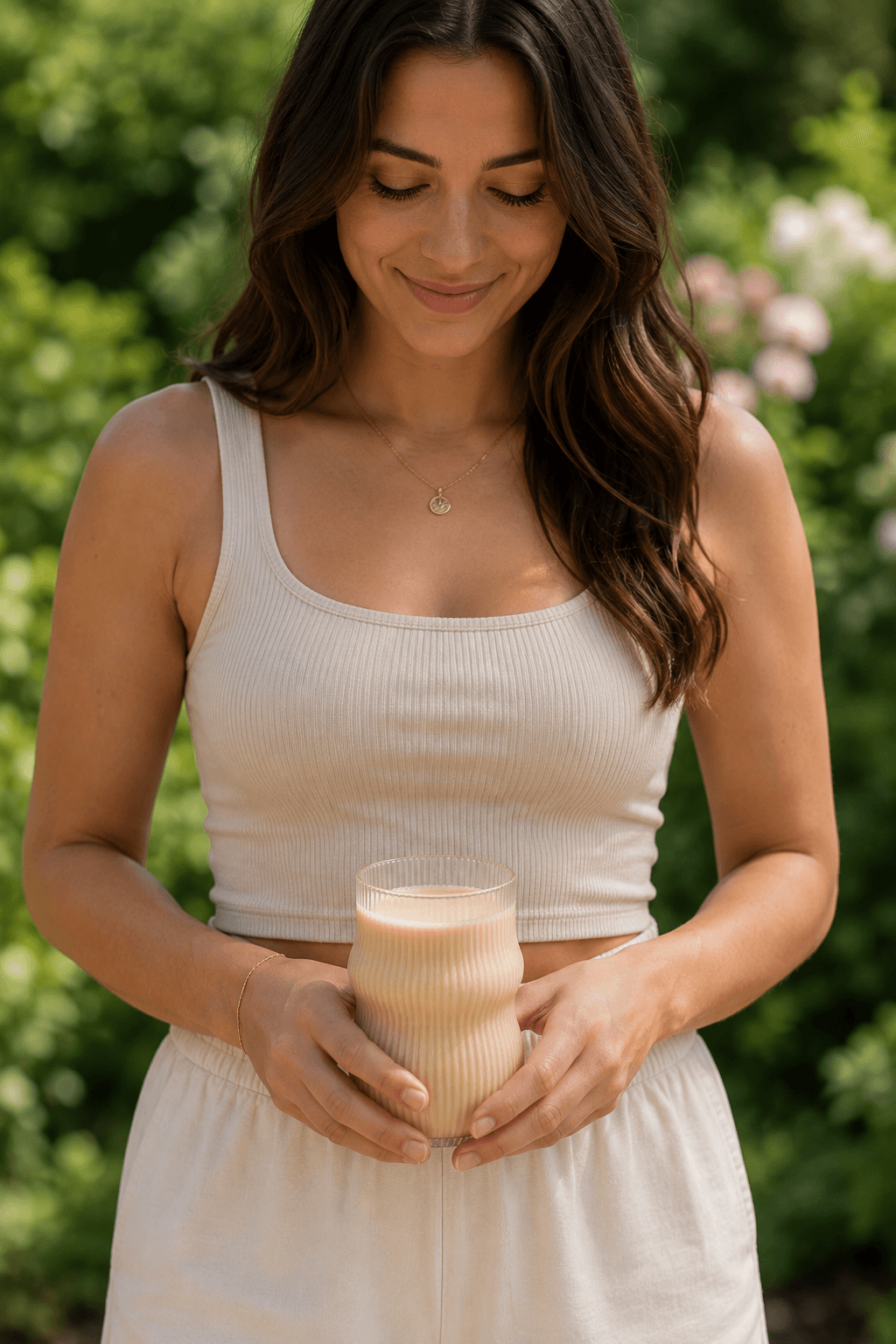 Woman holding a prepared glass of GutNourish